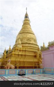 Golden stupa and pink wall, Sagaing Hill, Mandalay, Myanmar