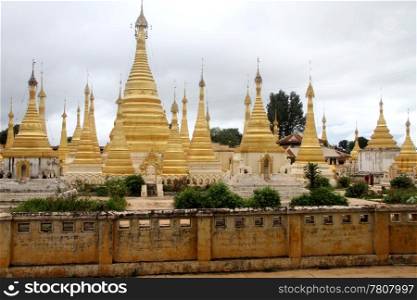 Golden stupas in monastery, Pindaya, Shan state, Myanmar