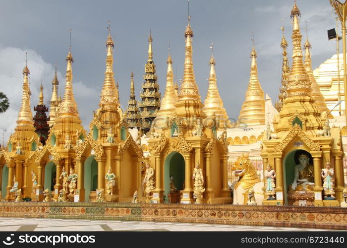 Golden stupas near Shwe Dagon pagoda, Yangon, Myanmar