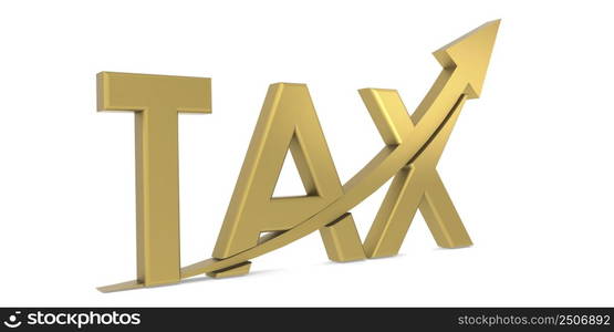 Golden tax with rising up arrow, 3d rendering