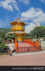golden teak wood pagoda at Nan Lian Garden in Hong Kong, China