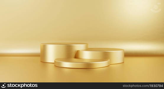 Golden three cylinder product stage podium table on gold background. Abstract minimal fashion and cosmetic advertisement stage mockup concept. Award backdrop. 3D illustration rendering graphic design