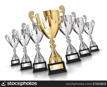 Golden trophy among many silver trophies
