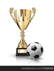 Golden trophy and soccer ball isolated on white