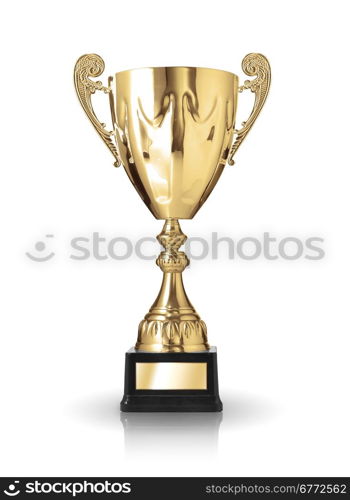 golden trophy with empty label isolated on white background