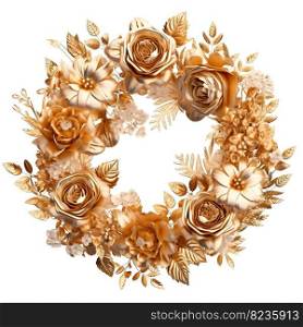 Golden watercolor floral circle frame. Beautiful hand drawn wreath on a white background. Design for invitation, wedding or greeting cards