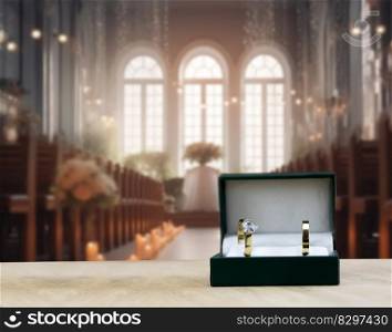 golden wedding rings with blurred traditional wedding chapel or church on background, wedding ceremony concept copy space. golden wedding rings with blurred traditional wedding chapel or church on background, wedding ceremony concept