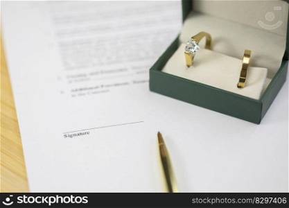 Golden wedding rings with gold pen on marriage contract, signing signature wedding. closeup macro document. Golden wedding rings with gold pen on marriage contract, signing signature wedding. closeup macro