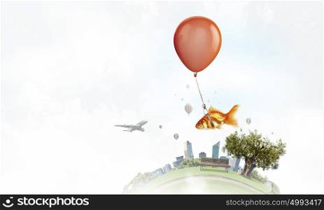 Goldfish fly on balloon. Flying in sky goldfish tied up to big balloon