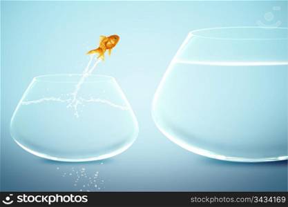 goldfish in small fishbowl watching goldfish jump into large fishbowl. Anglefish jumping to Big bowl