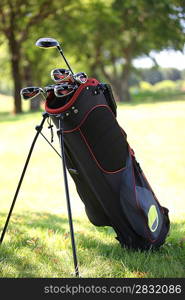 Golf bag replete with clubs