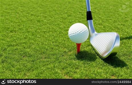 Golf ball and golf club with fairway green background. Sport and athletic concept. 3D illustration rendering