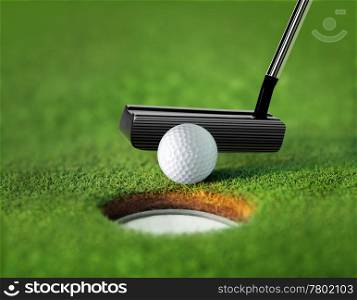 golf ball and tee on green course in front of driver