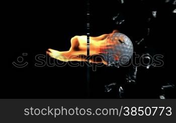 Golf Ball on fire breaking glass, side view, Alpha
