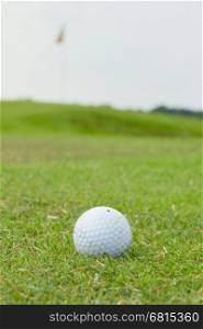 Golf ball on grass above flag and green course