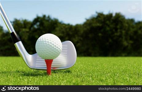 Golf ball on tee and golf club with fairway green background. Sport and athletic concept. 3D illustration rendering