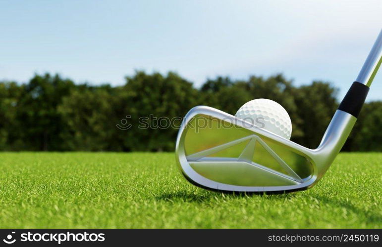 Golf ball on tee and golf club with fairway green background. Sport and athletic concept. 3D illustration rendering