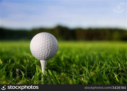 Golf ball on tee. Green grass, blue sky.