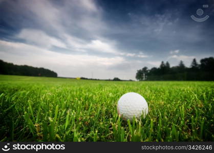 Golf ball on the field. Green grass, cloudy sky.