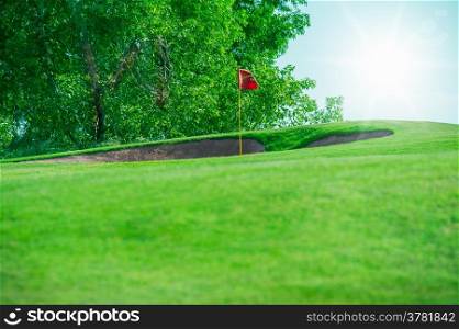 Golf club. Green golf field and ball in grass