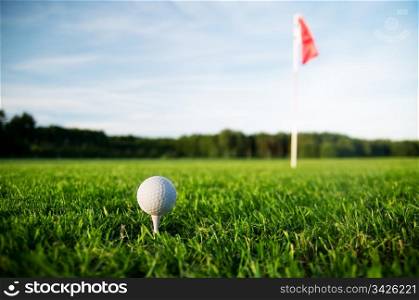 Golf field with green grass and red flag.