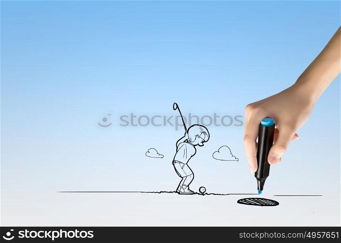 Golf game. Funny caricature of golf player hitting ball