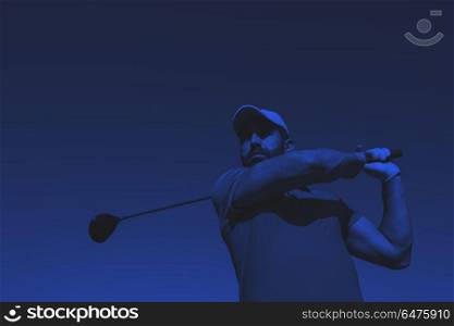 golf player hitting shot. golf player hitting shot with club on course at beautiful morning with sun flare in background duo tone
