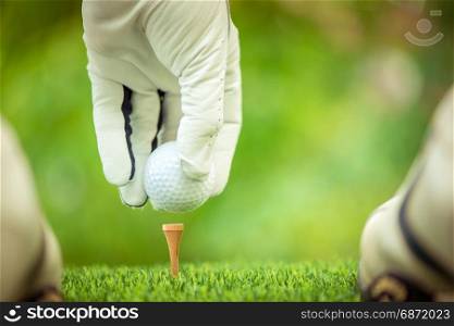 golf players hand placing ball on tee