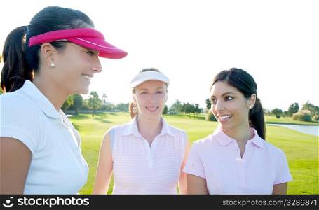Golf three woman in a row green grass course players