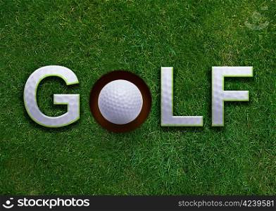 Golf word on green grass and golf ball on lip of hole