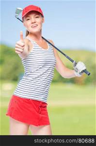 Golfer happy in success, happy portrait on a background of golf courses