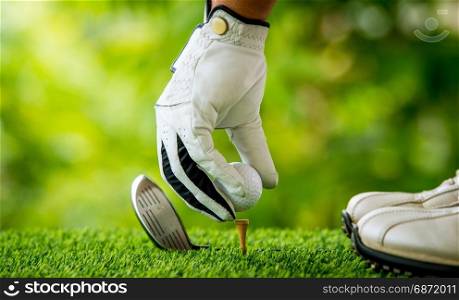 golfer preparing golf ball for teeing off