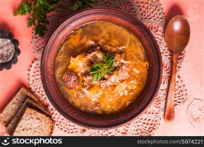 Gombaleves - Chrismtas hungarian soup with sauerkraut, sausages, mushrooms and barley