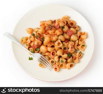 Gomiti elbow pasta shells tossed in arrabbiata tomato, garlic and chili sauce and served with chopped parsley