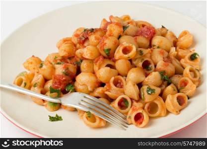 Gomiti elbow pasta shells tossed in arrabbiata tomato, garlic and chili sauce and served with chopped parsley