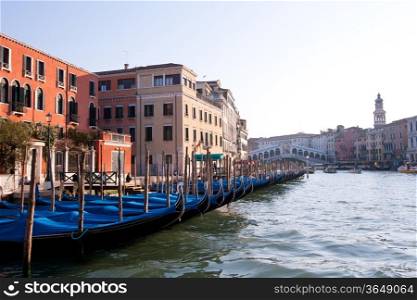 Gondola Boat Parking at Railto Bridge Lagoon of Grand Canal Venice Italy