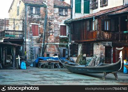 Gondola waiting for repair in workshop,Venice