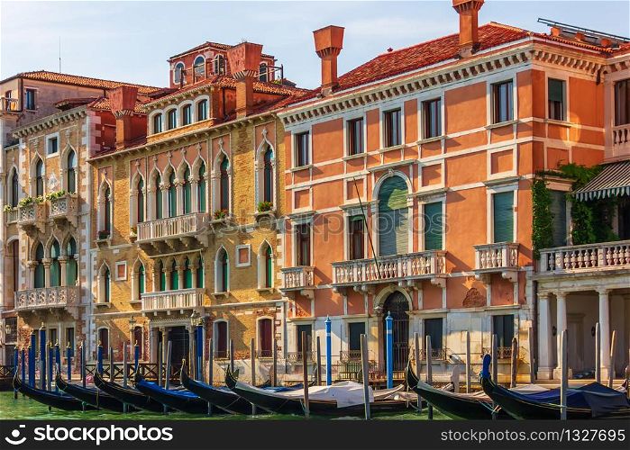 Gondolas and palaces of beautiful Venice, Italy.