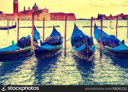 Gondolas at sunset near the Piazza San Marco, Venice, Italy. Colorized like instagram filter