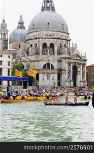 Gondolas in front of a church, Regatta Storica, Santa Maria Della Salute, Venice, Italy