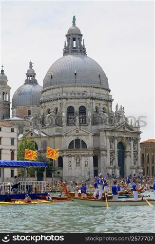 Gondolas in front of a church, Regatta Storica, Santa Maria Della Salute, Venice, Italy