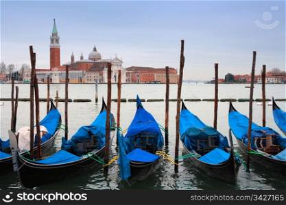 Gondolas in front of San Giorgio Maggiore Island, Venice, Italy