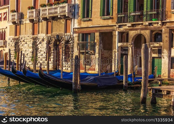 Gondolas in Venice, beautiful scenery of Italy.. Gondolas in Venice, beautiful scenery of Italy