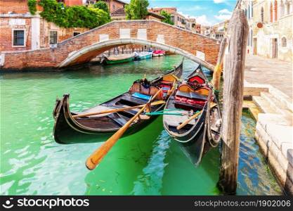 Gondolas moored in the Grand Canal of Venice, Italy.. Gondolas moored in the Grand Canal of Venice, Italy
