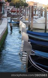 Gondolas on Grand Canal in Venice. Close up photo