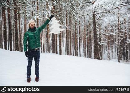 Good looking middle aged male model wears warm fur cap with ear flaps and green down padded coat, holds white artificial fir tree, stands on ground covered with snow, has happy expression