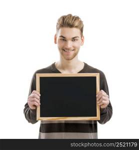 Good looking young man holding a chalkboard