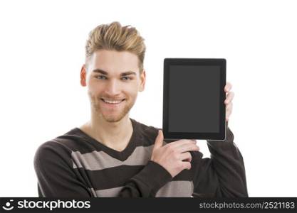Good looking young man showing something on a tablet