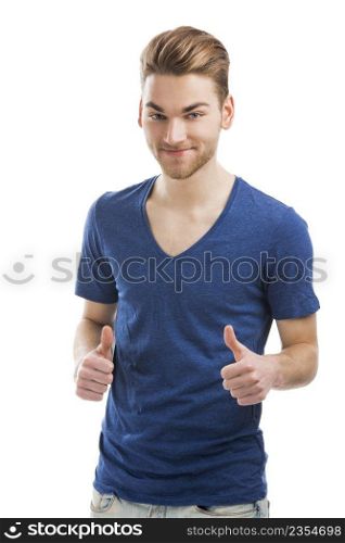 Good looking young man with a smiley face and thumbs up, isolated on white background