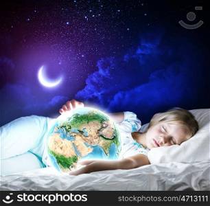 Good night. Girl in bed with Earth planet in hands. Elements of this image are furnished by NASA